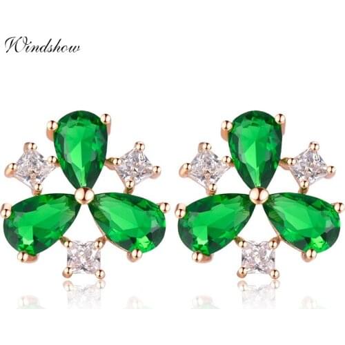 Three Clover Green CZ Zircon Triangle Stud Earrings for Women Luxury Gold Color Jewelry Aros boucle d'oreille