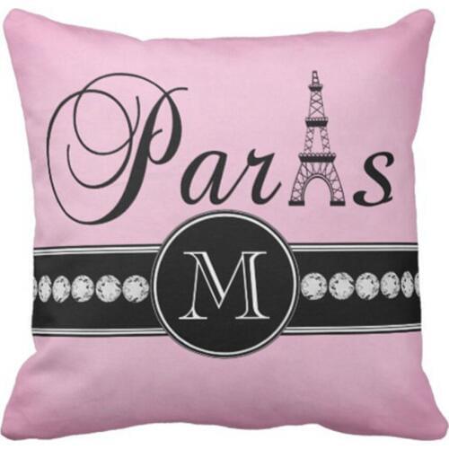 Throw Pillow Cover Vintage Monogram Girly Pink Black Paris Eiffel Decorative Pillow Case Home Decor Square 18 x 18 Inch Pillowc