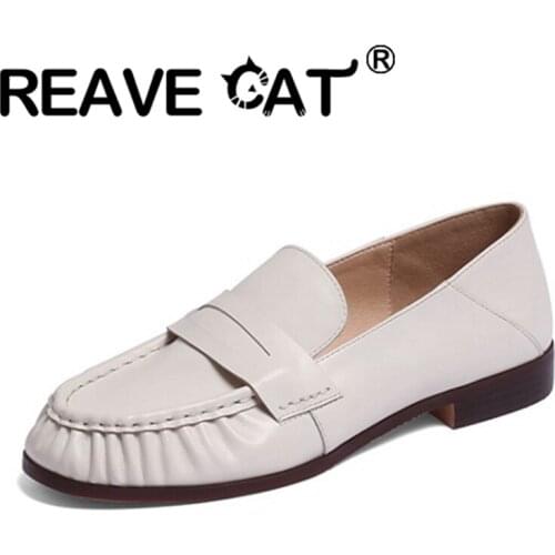 REAVE CAT 2021 Genuine Leather Comfort Plus Ladies Flats Pleated Round Toe Stepped On Loafers Square Heels 1cm US11 Brown A4251