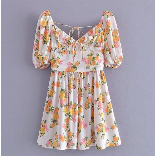 YENKYE Romantic Women Fashion Backless Floral Print Mini Dress Sexy Collar Puff Sleeve Holiday Boho Ladies Vestido Short Dress