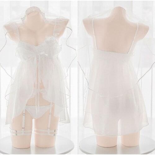 Women Pure white Hanayome Sexy Wedding dress Underwear set Chiffon lovely Lace Young girl pajamas veil Panties Garter belt New