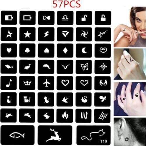 57pcs/set Henna Stencils Cat Deer Heart Glitter Tattoo Stencil for Women Girl Kids Airbrush Stencil Body Finger Ankle pochoir