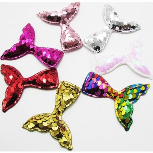 70pcs/lot Sewing Patch Shiny/Glittered Sequin Mermaid Tail Padded Appliques for Bows Cake Decoration Sea Theme Wholesale