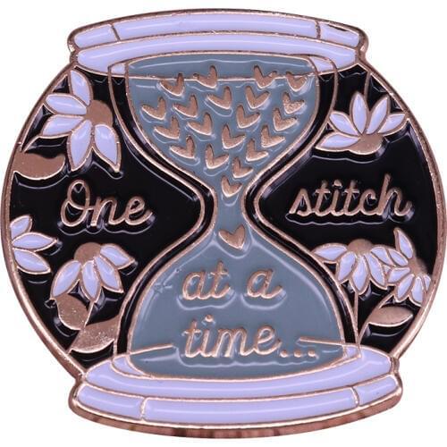 One stitch at a time enamel pin hourglass badge craft accessory sewing art brooch knitters gift