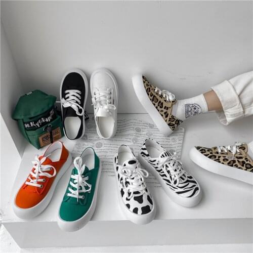 Summer Platform Sneakers Women Canvas Shoes Woman Leopard Zebra Cow Walking Sneakers Flats Female Lace-Up Vulcanize Casual Shoes