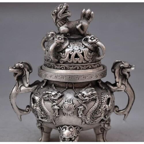 Chinese buddhist manual old silver copper dragon lion statues incense burner