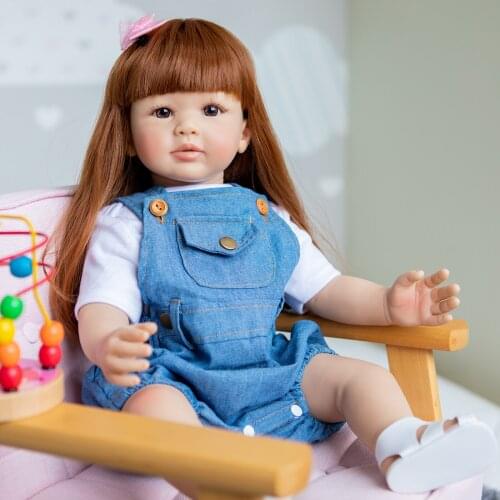 24" Silicone Reborn Baby Doll Toys 60cm denim strap Girl Alive Bebe reborn Toddler bonecas Brinquedos NPK DOLL