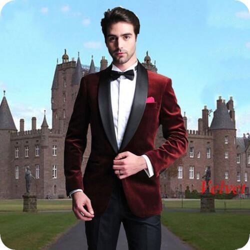 Smoking Jacket Burgundy Velvet Prom Suits for Men Wedding Groom Tuxedos 2Piece Man Blazers Black Shawl Lapel Terno Masculino