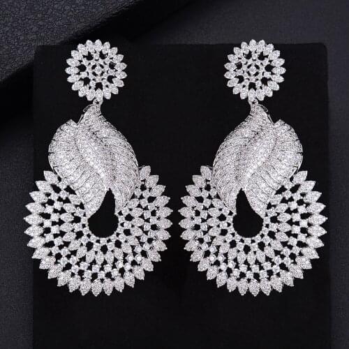 LARRAURI Trendy Luxury Waterdrop Flower Long Dangle Earring for Women Wedding Full Micro Cubic Zircon Indian Dubai Gold Earring