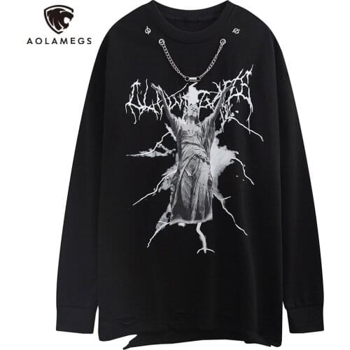 Aolamegs Lightning Statue Vaporwave Print O-Neck Sweatshirt Men Casual Black High Street Fashion Cool Pullover Streetwear Autumn