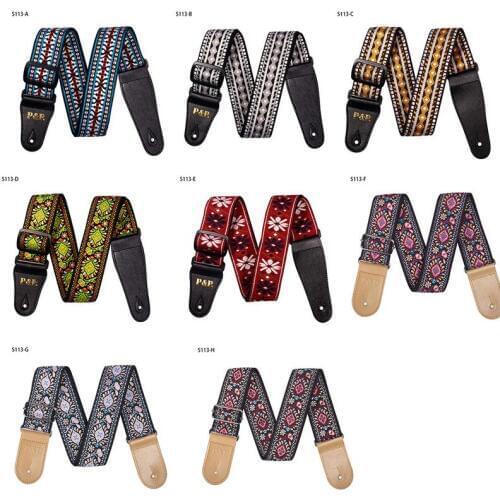New 8 Colors Vintage Flowers Stripes Acoustic Electric Guitar Strap Woven Embroidery Fabrics Leather Ends Strap