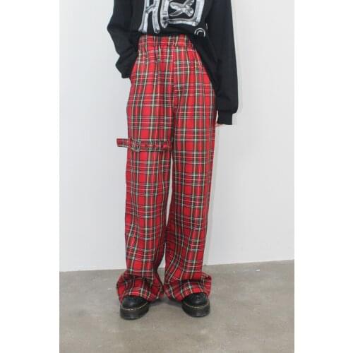 Ruibbit Harajuku Punk Red Plaid Pants Women Streetwear Casual Loose Straight Pants Fashion Hip Hop Female Trousers