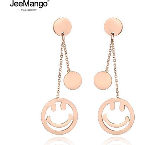 JeeMango Trendy OL Style Titanium Steel Smiley Face Earrings Jewelry Fashion Rose Gold Party Stud Earrings For Women JE18026