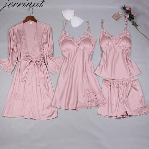 Jerrinut 4PCS Silk Stain Womens Robe Gown Sets Lace Bathrobe + Night Sleepwear Womens Sleep Set Pyjama Lingerie