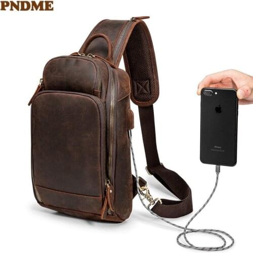 Vintage crazy horse cowhide mens USB chest bag outdoor sports designer shoulder bag daily casual genuine leather messenger bags