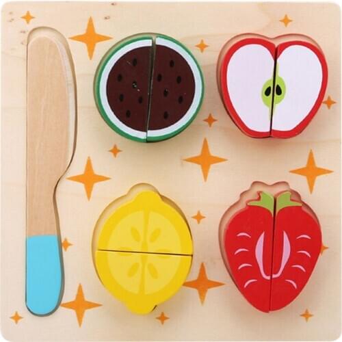 Funny Baby Pretend Play Cutting Toy Wooden Fruits Dessert Set Educational Food Cognition 3D Puzzle Shape Matching Jigsaw Toy
