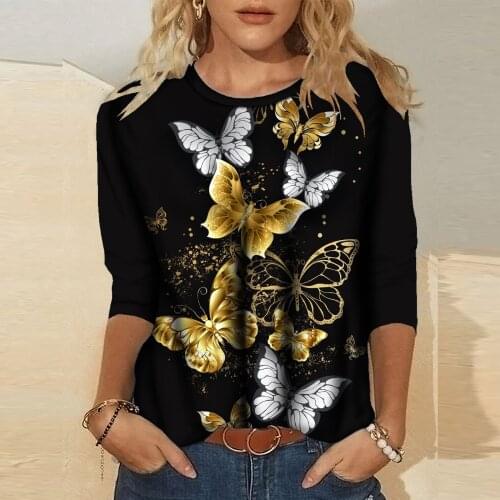 40# Women Butterfly Printed Blouses Round Neck Long Sleeve Retro Tee Shirt Top Loose Casual Women Shirt Blusas Mujer De Moda 202