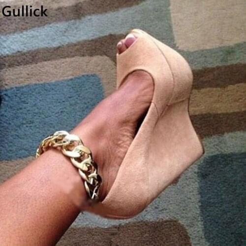 Gullick Concise Golden Chains Decor Women High Heel Sandals Sexy Peep Toe Fashion Platform Women Pumps Ankle Strap Wedges