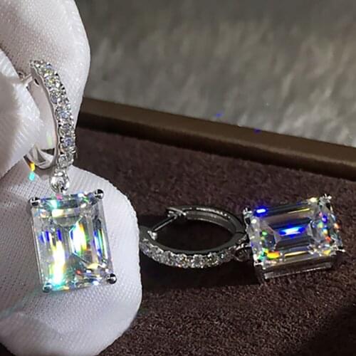 10K White Gold Women Drop Clip Hoop Earrings Moissanite Diamonds Carat Emerald Rectangle Wedding Party Engagement Anniversary