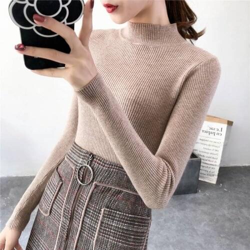 Womens Sweaters Knitted Cotton Clothing for Women Long Sleeve Tops Women-clothing Half High Collar Sweaters Woman Basic Clothes