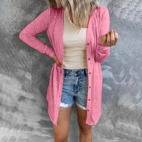 Women Casual Long Cardigan Coats Autumn Winter V Neck Long Sleeve Soft Loose Thin Cardigan Lady Solid Button Sun-protective Tops