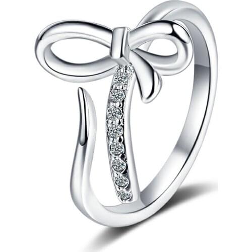 925 Sterling Silver Zircon Bowknot Finger Ring For Women Girls Retro Wedding Party Jewelry Accessories Bijoux Femme jz378