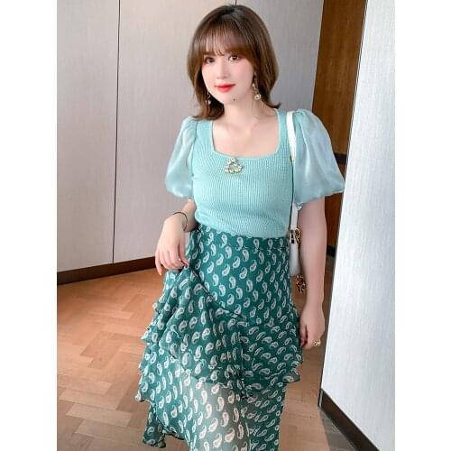 High quality Splicing silky glow lantern sleeve party brought new knitting coat women summer