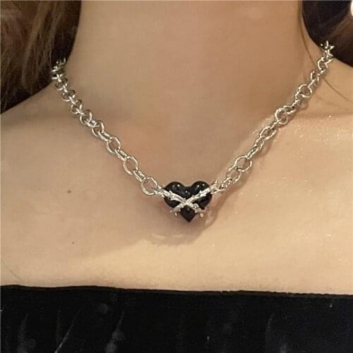 Korean Thorns Love Pendant Necklaces for Women Punk Vintage Metal Thick Chain Short Necklace 2021 Female Y2K Necklace 90s Gifts