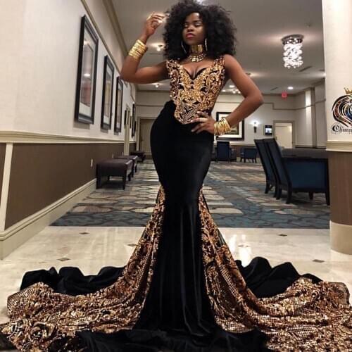 Gold Sequined Mermaid Prom Dresses V Neck South African Black Girls Evening Gowns Plus Size Special Occasion Dress