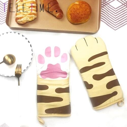 1PC Kitchen Gloves 3D Cartoon Cat Paws Oven Mitts Long Cotton Baking Insulation Gloves Microwave Heat Resistant Non-slip Gloves