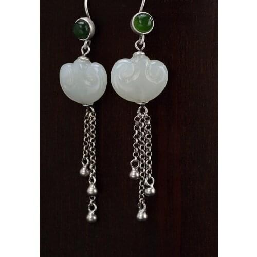 2018 Top Fashion Real Earings Fashion Jewelry One Deer S925 Pure Natural Hetian Jade Jasper Tassel Ruyi Lady Earrings Wholesale