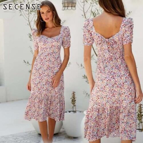 Summer Women Puff Sleeve Loose And Comfortable v-Neck Pullover Dress Ins Trend Fashion Mid-Length Floral Dress