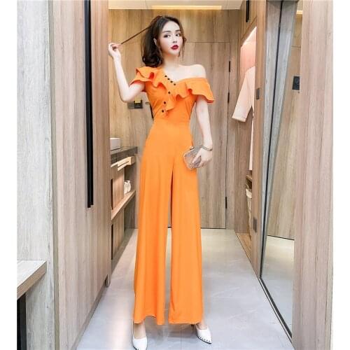 Women Summer High Waist Jumpsuits Slim Sexy Irregularity Off The Shoulder Pockets Casual Sleeveless Jumpsuits Wide-Leg Romper