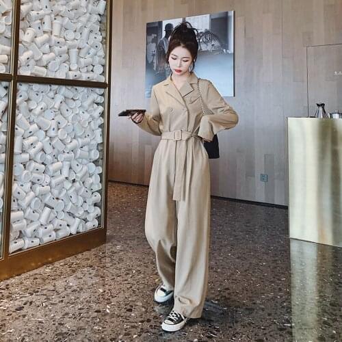 Jumpersuit Women Long Sleeve Suit Collar Loose Wide Leg One Piece Pants Set Elegant Spring Autumn Korean Khaki Overalls Jumpsuit