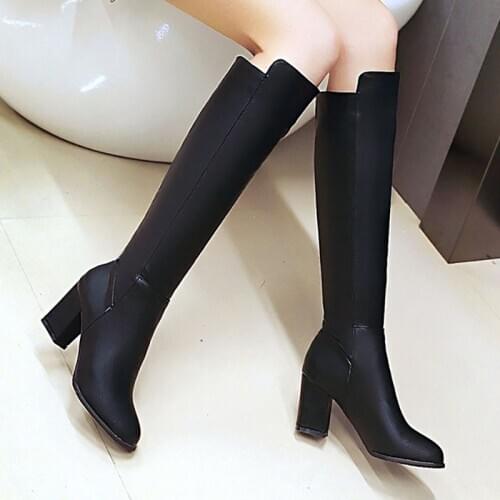 Pointed Thick Heel Stretch Beautiful Leg Boots Warm Winter High-Heeled Womens Boots Sleeve Solid Color Simple Knee-Length Boots