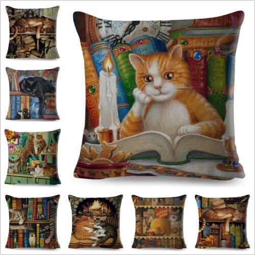 Cute Book Cat Party Cushion Cover Decor Cartoon Animal Pillowcase Printing Cojines Polyester Pillow Case for Sofa Home 45x45cm