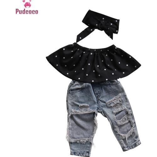 Pudcoco Fashion 3pcs Baby Girls Clothes Dot Sleeveless Tops+Hole Denim Pants Headband Clothing Set Baby Girl Children Clothes