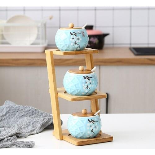 3 piece set / kitchen supplies ceramic seasoning pot pepper salt glass cruet trapezoidal bamboo rack tray kitchen seasoning tool