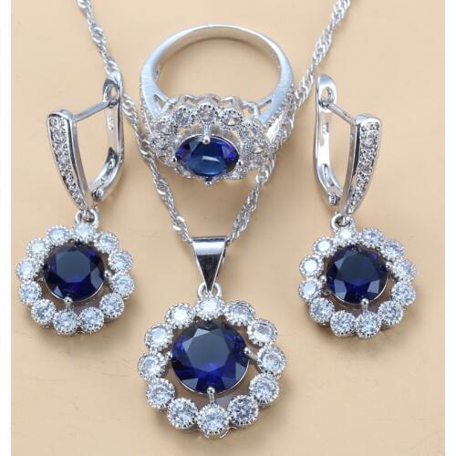 9-Color Women Costume Jewelry Sets Silver Color Blue Zircon Earrings And Necklace Sets Ring Size 6/7/8/9/10