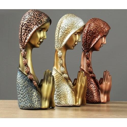 Resin Antique Copper Color Prayer Girl Decoration Abstract Art Characters Half Body Sculpture Crafts Home Retro Decoration Gift