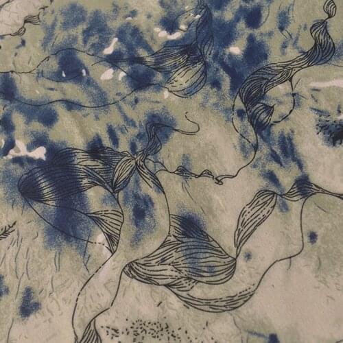 Half Meter Water Blue Fishtail Sea Grass Print Cotton Linen Fabric For Long Dress Han Cloth Cheongsam Curtain Material CR-996