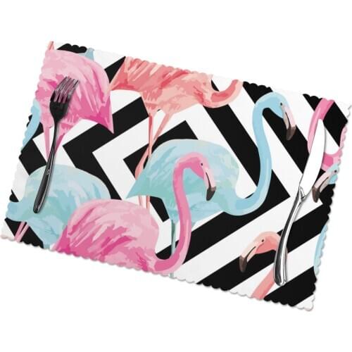 Tableware Pad Placemats 6 Pcs Table Mat Non-Slip Summer Pink And Blue Flamingo Geometric Placemats for Dining Table