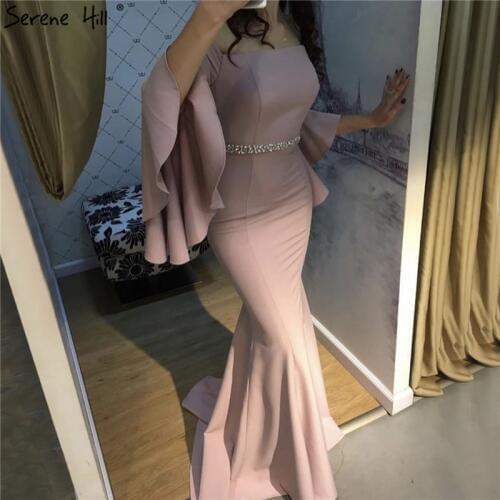 Pink Off Shoulder Mermaid Sexy Evening Dressese Long Trumpet Sleeves Simple Evening Gowns 2020 Serene Hill LA70191