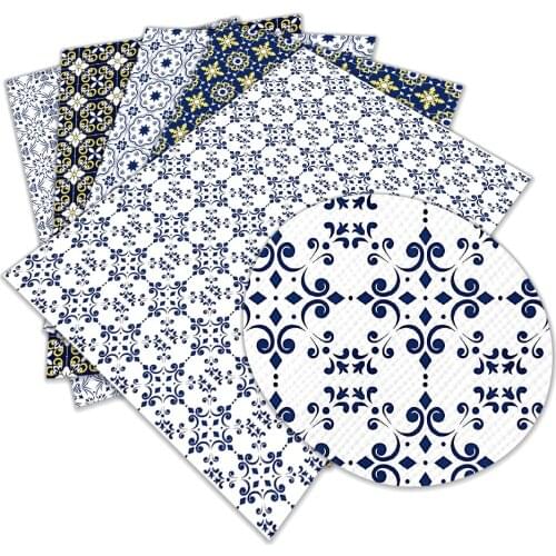 Faux Leather Printed Blue and White Porcelain Pattern Cross Pattern 30 X 136cm Rolls for Hair Bows DIY Bag Earrings Materials