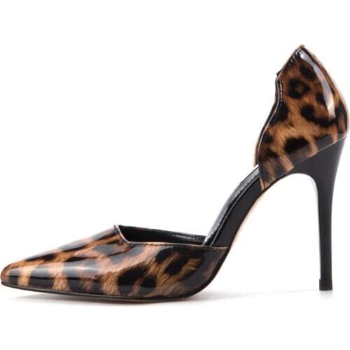 Women Pumps Brand 9CM Thin High Heels Leopard Patent Leather Slip On Pointed Toe fashion Party Wedding shoes for woman 2020