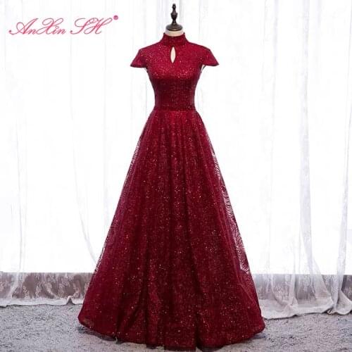AnXin SH princess wine red lace evening dress vintage party high neck short sleeve beading crystal a line bride evening dress