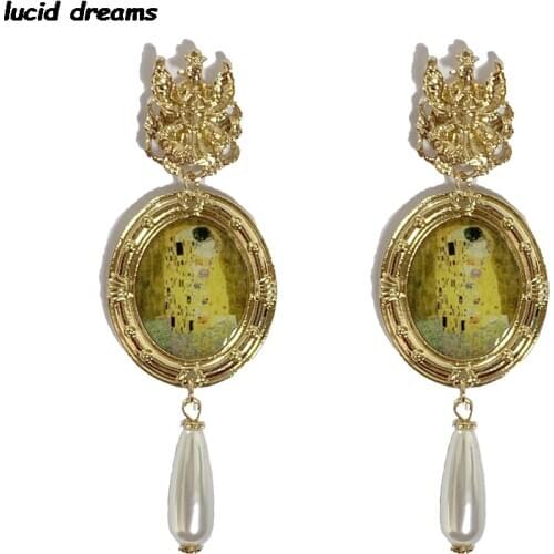 Klimt The Kiss Vintage Engraved Drop Dangle Earrings For Women Long Round Gold Pendant Earring Pendientes Fashion 2020 New Sale