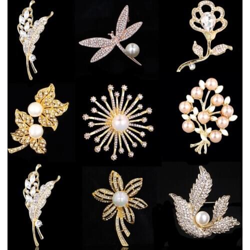 DIEZI Luxury Gold Crystal Flower Leaves Dragonfly Brooches for Wedding Women Party Dress Rhinestone Bridal Bouquet Brooch pins
