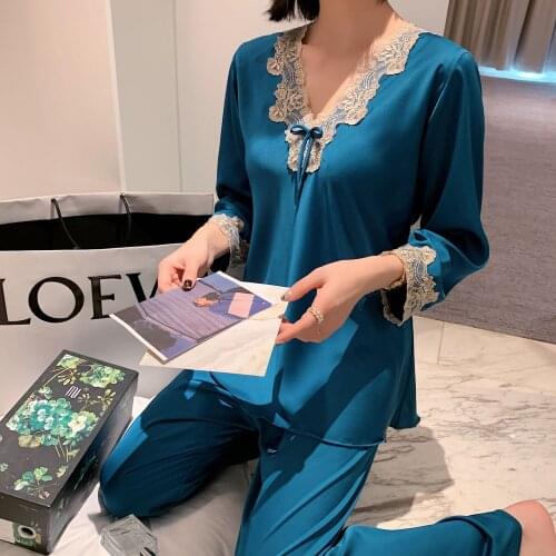 Women Satin Pajamas Suit Summer New Pyjamas Casual 2PCS Sleepwear Intimate Lingerie Silky Bathrobe Lace Shirt&Pants Set