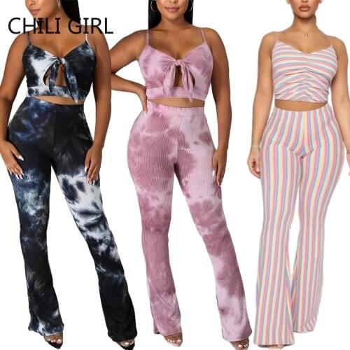 Women Summer Tie Dye 2piece Sexy HollowOut Backless Spaghetti Strap Ribbed knit Crop Top High Waist Bell-Bottoms Flare Pants Set